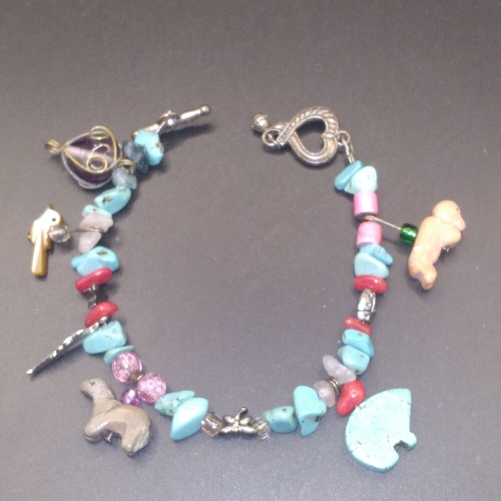 Fetish Bracelet Hand Carved Stone Animals,Semi Precious Stones silver plated